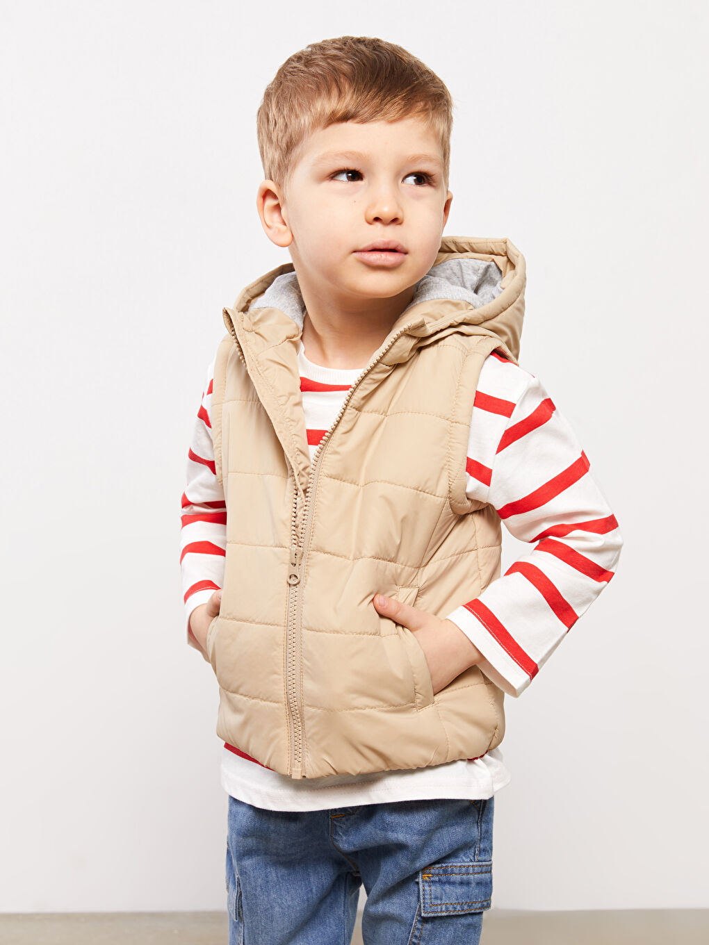 Bej Bisiklet Yaka Erkek Bebek Fermuarlı Yelek