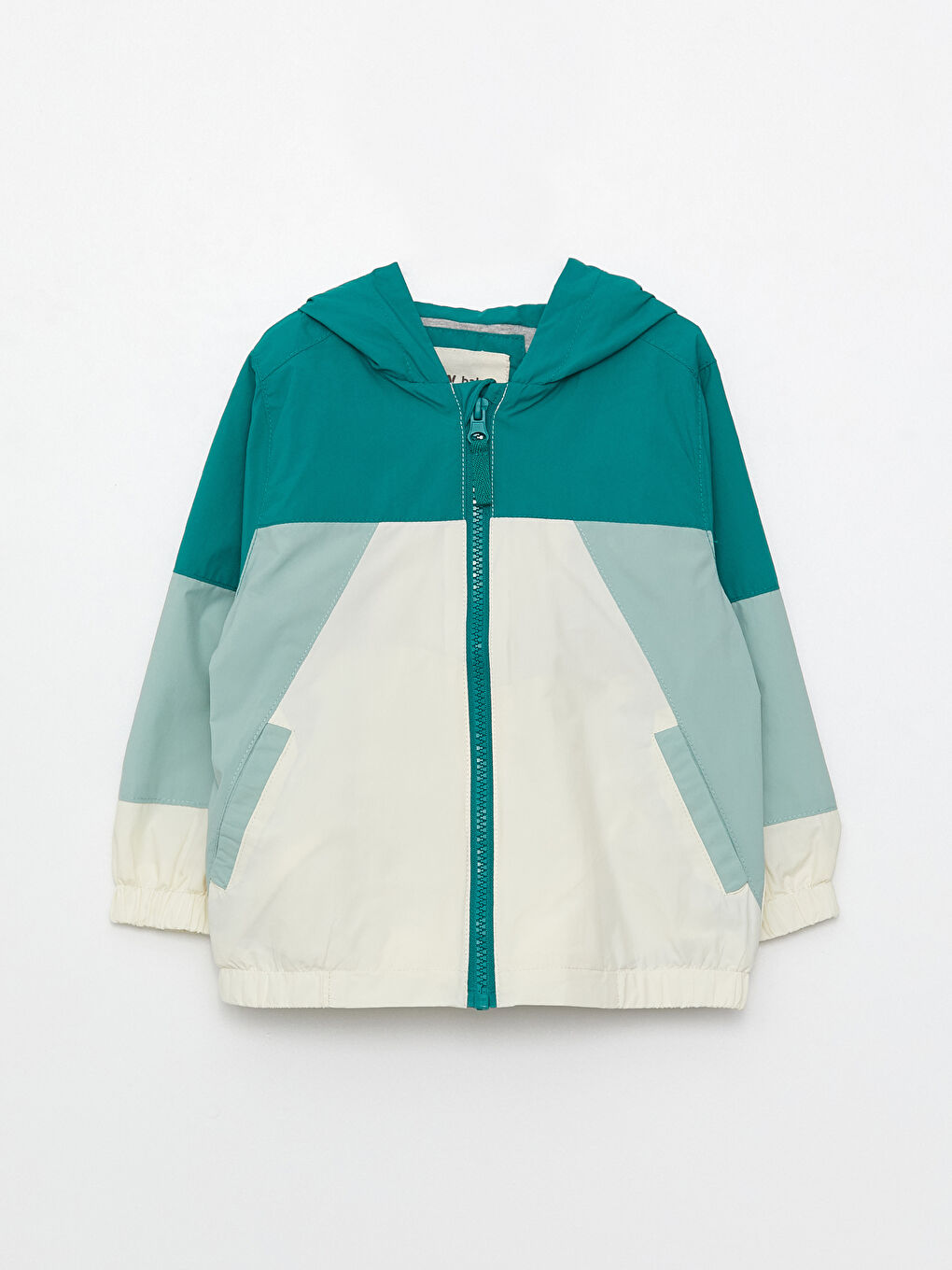 Yeşil Kapüşonlu Uzun Kollu Renk Bloklu Erkek Bebek Fermuarlı Mont