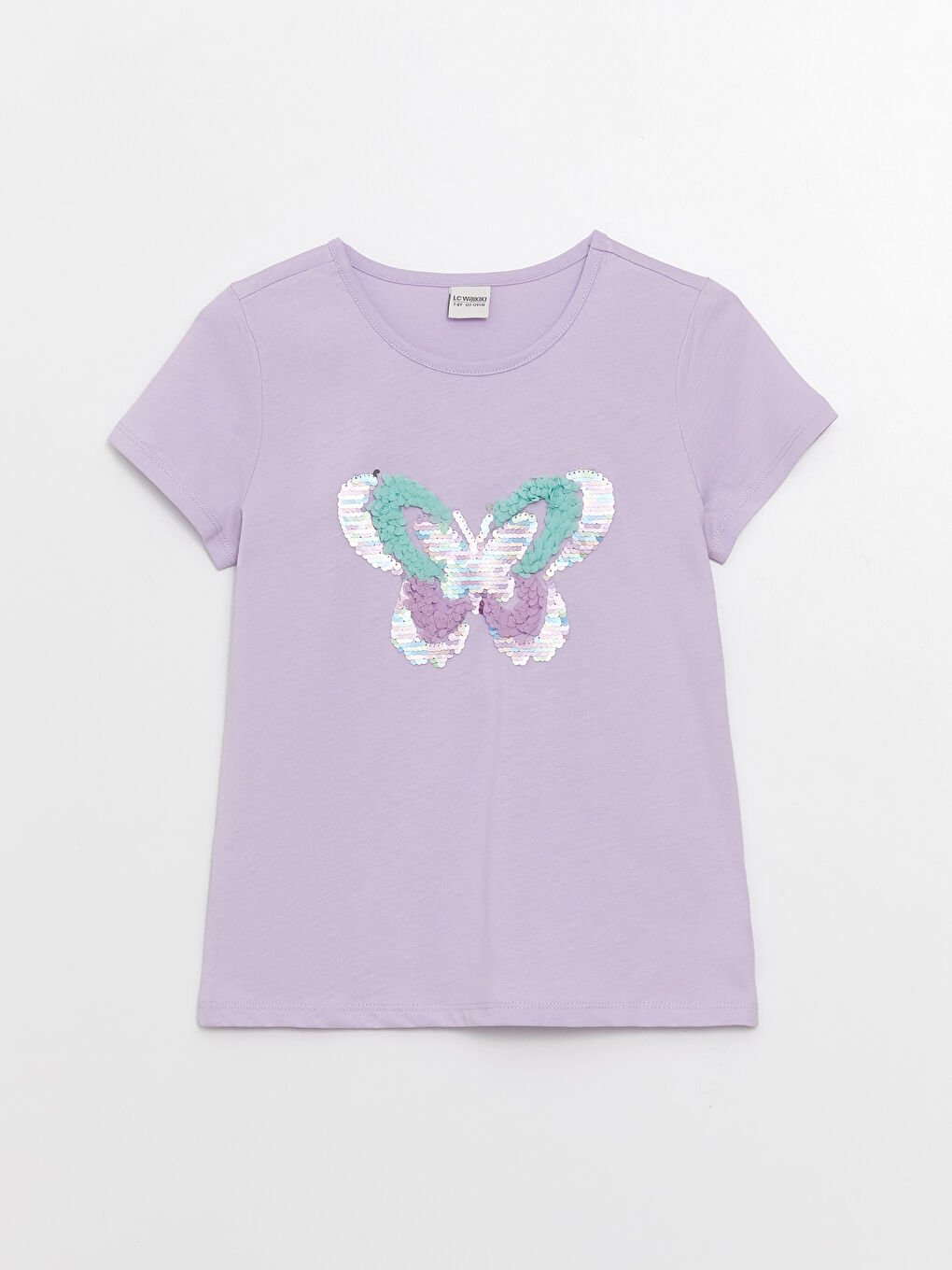 تيشيرت للبنات بياقة دائرية وكم قصير ومطرز بالترتر-3