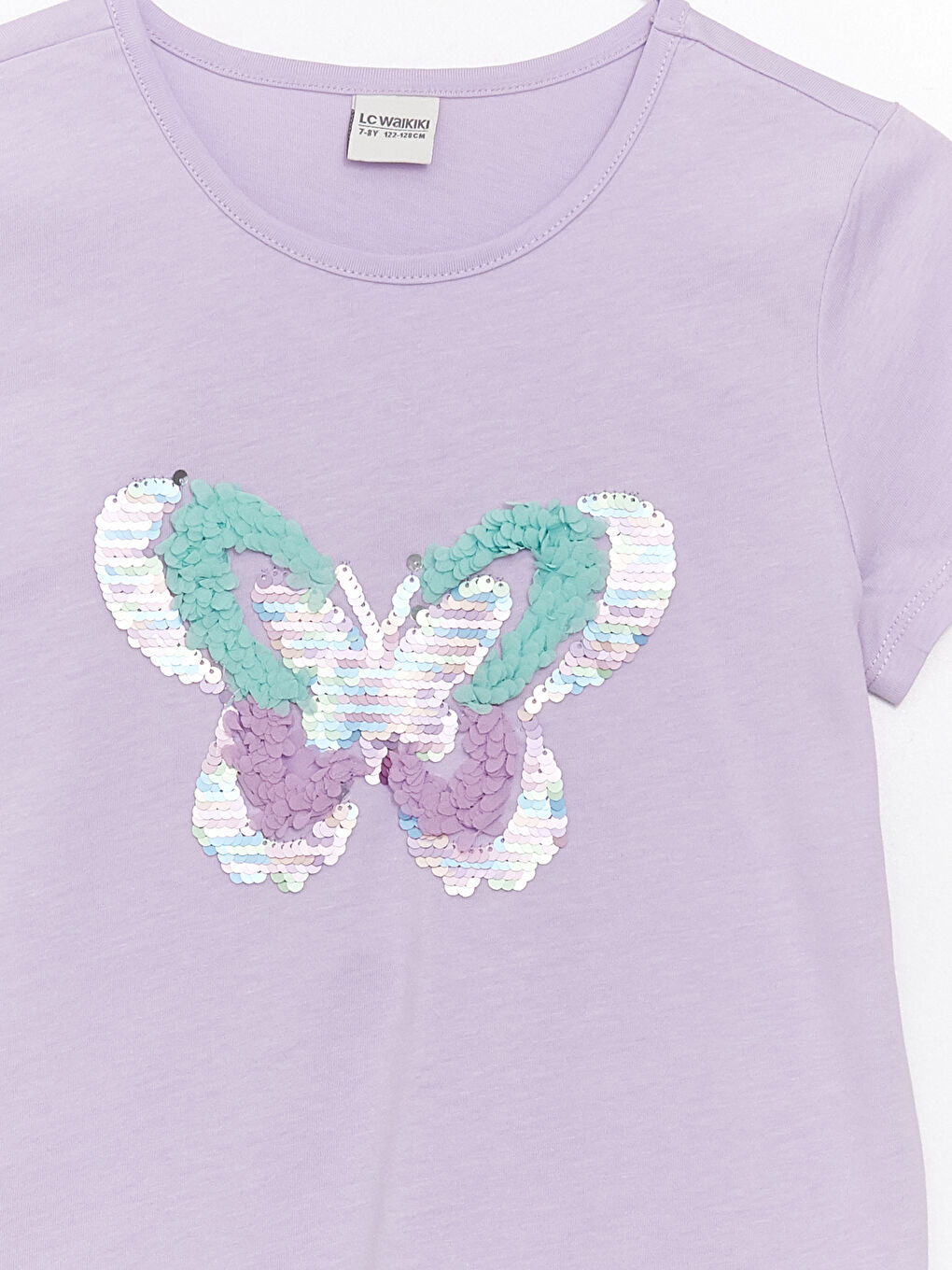 تيشيرت للبنات بياقة دائرية وكم قصير ومطرز بالترتر-5