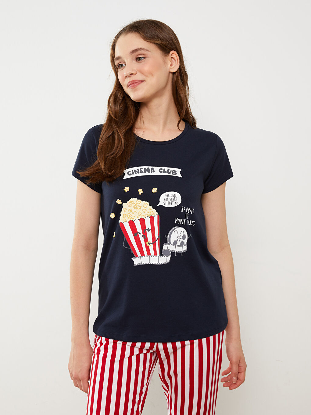 Lacivert Bisiklet Yaka Baskılı Kısa Kollu Kadın Pijama Takımı-1