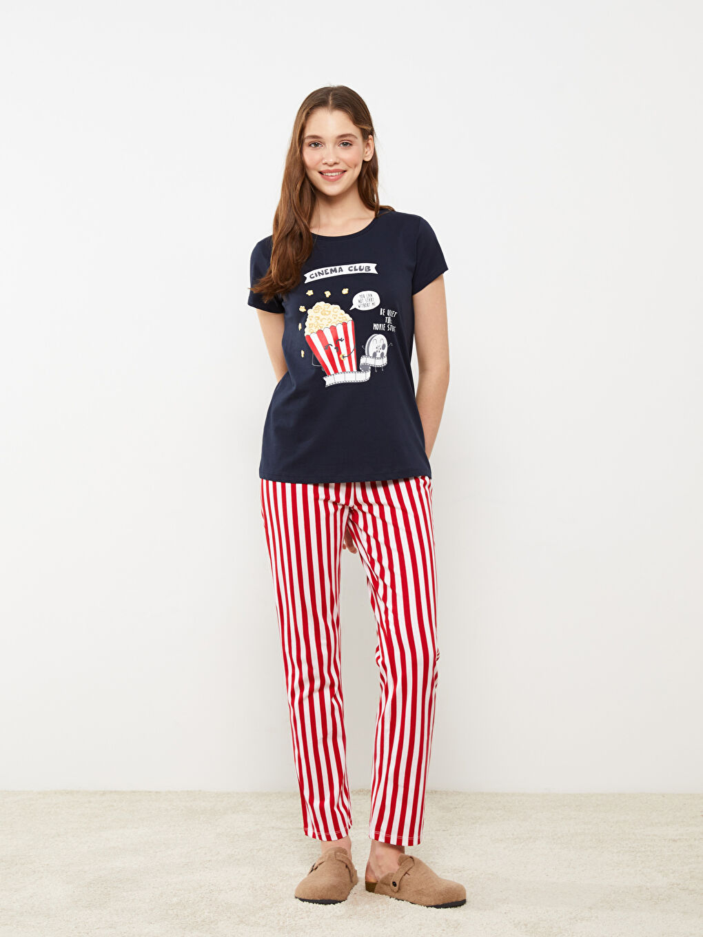 Lacivert Bisiklet Yaka Baskılı Kısa Kollu Kadın Pijama Takımı-2