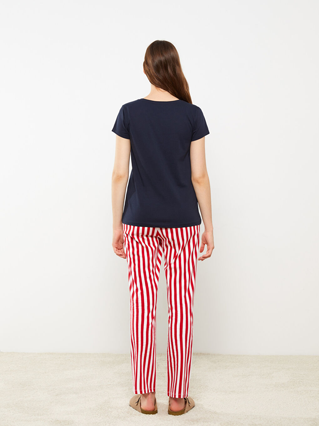 Lacivert Bisiklet Yaka Baskılı Kısa Kollu Kadın Pijama Takımı-4