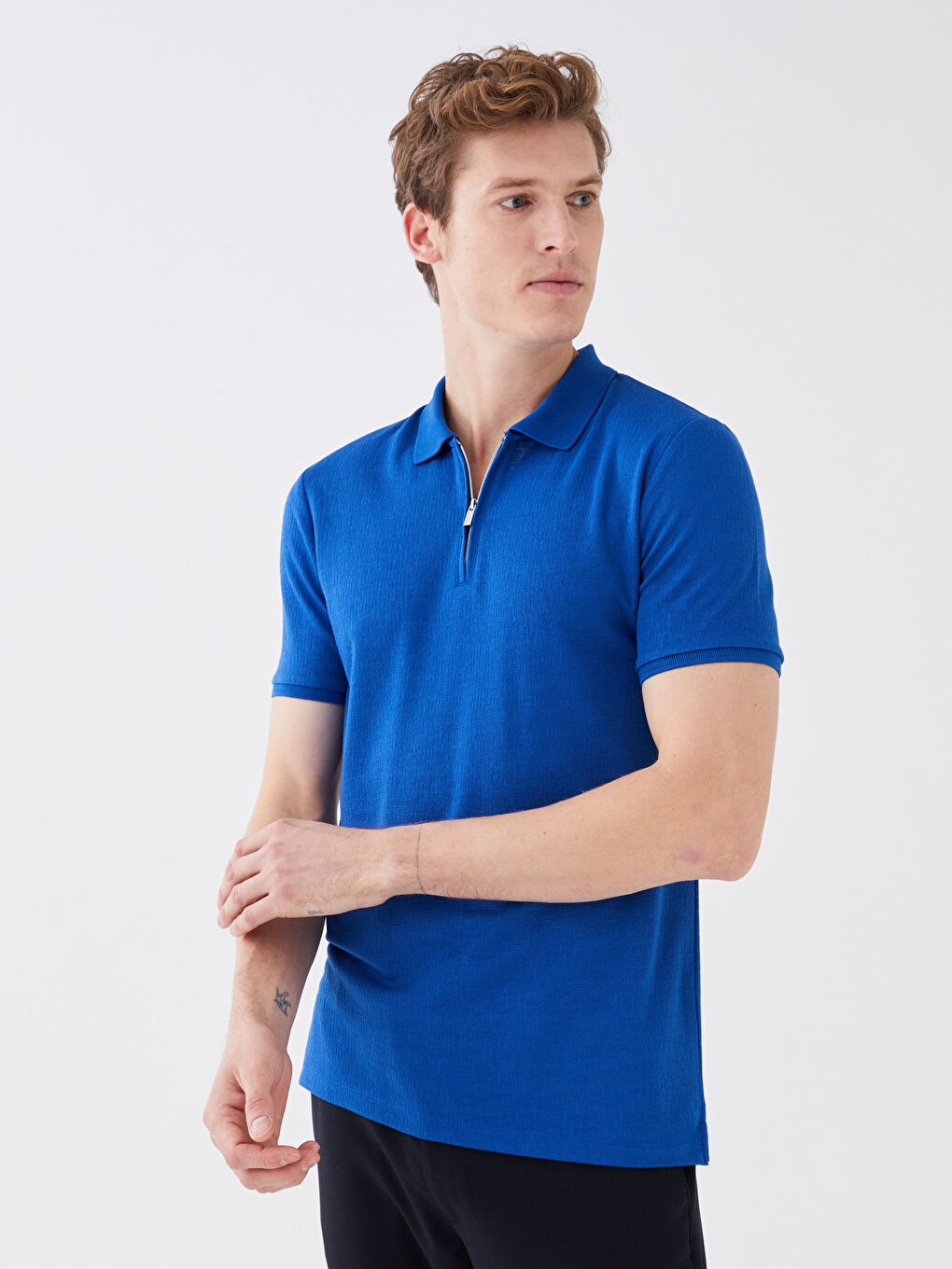 Mavi Polo Yaka Kısa Kollu Erkek Tişört-1