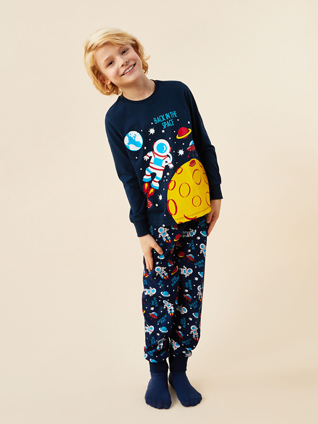 Пижамный комплект с круглым вырезом, с принтом, с длинным рукавом для мальчиков-3