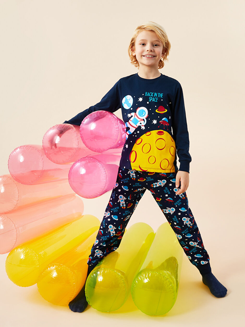 Пижамный комплект с круглым вырезом, с принтом, с длинным рукавом для мальчиков-1
