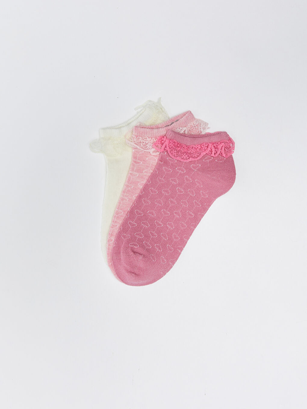 Pembe Dantel Detaylı Kız Çocuk Patik Çorap 3'lü-1