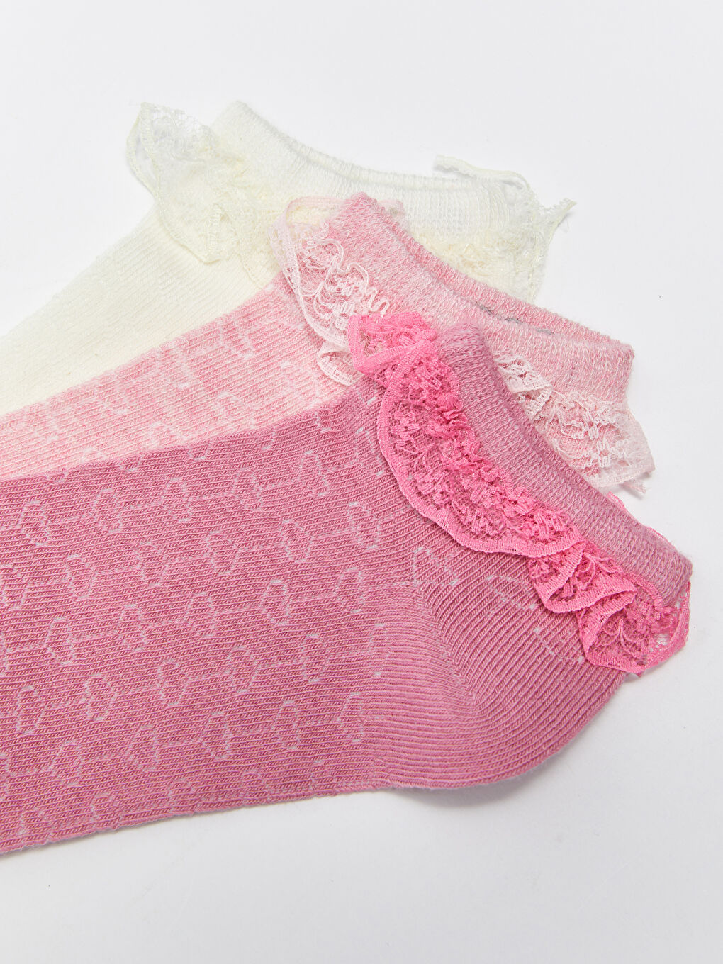 Pembe Dantel Detaylı Kız Çocuk Patik Çorap 3'lü-2
