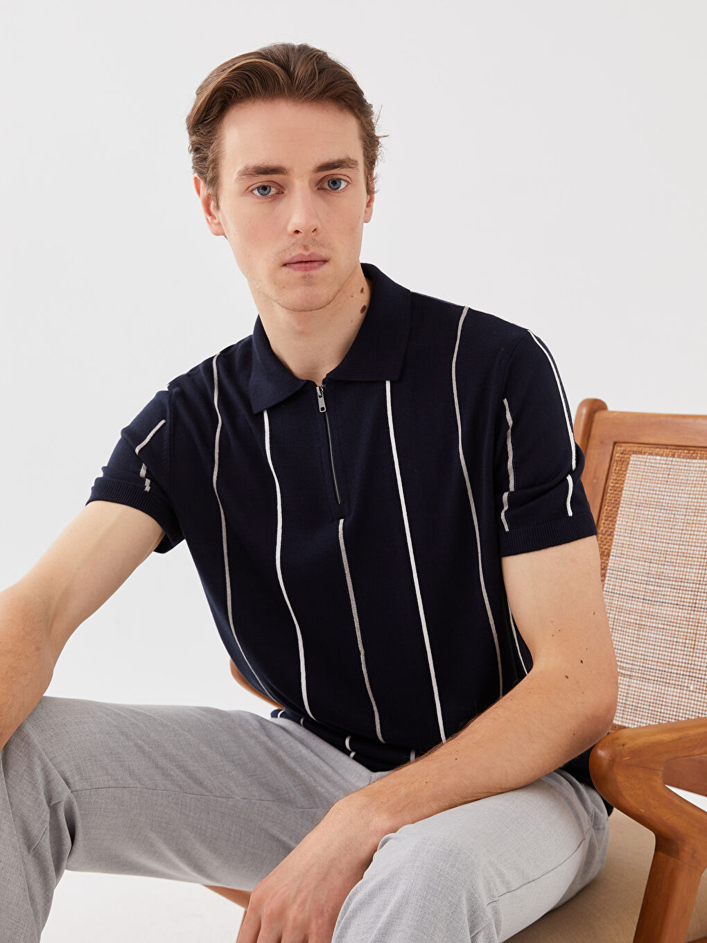 Polo Neck Short Sleeve Striped Men's Knitwear Sweater -S30987Z8-RFH