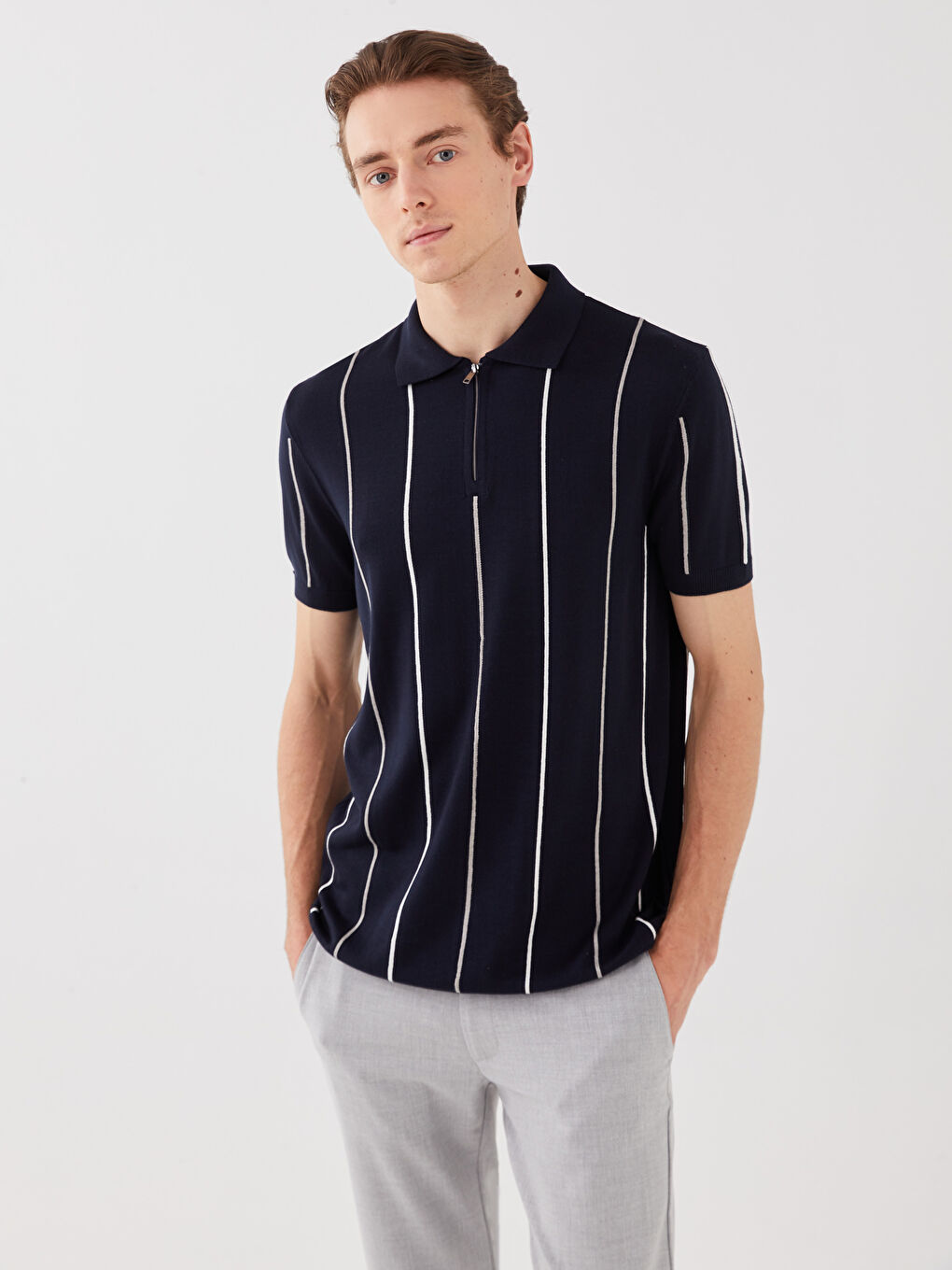 Polo Neck Short Sleeve Striped Men's Knitwear Sweater -S30987Z8-RFH