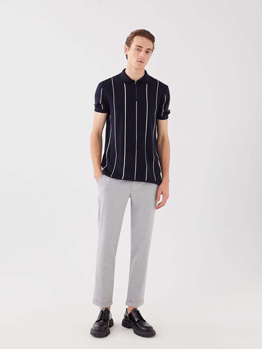 Polo Neck Short Sleeve Striped Men's Knitwear Sweater -S30987Z8-RFH