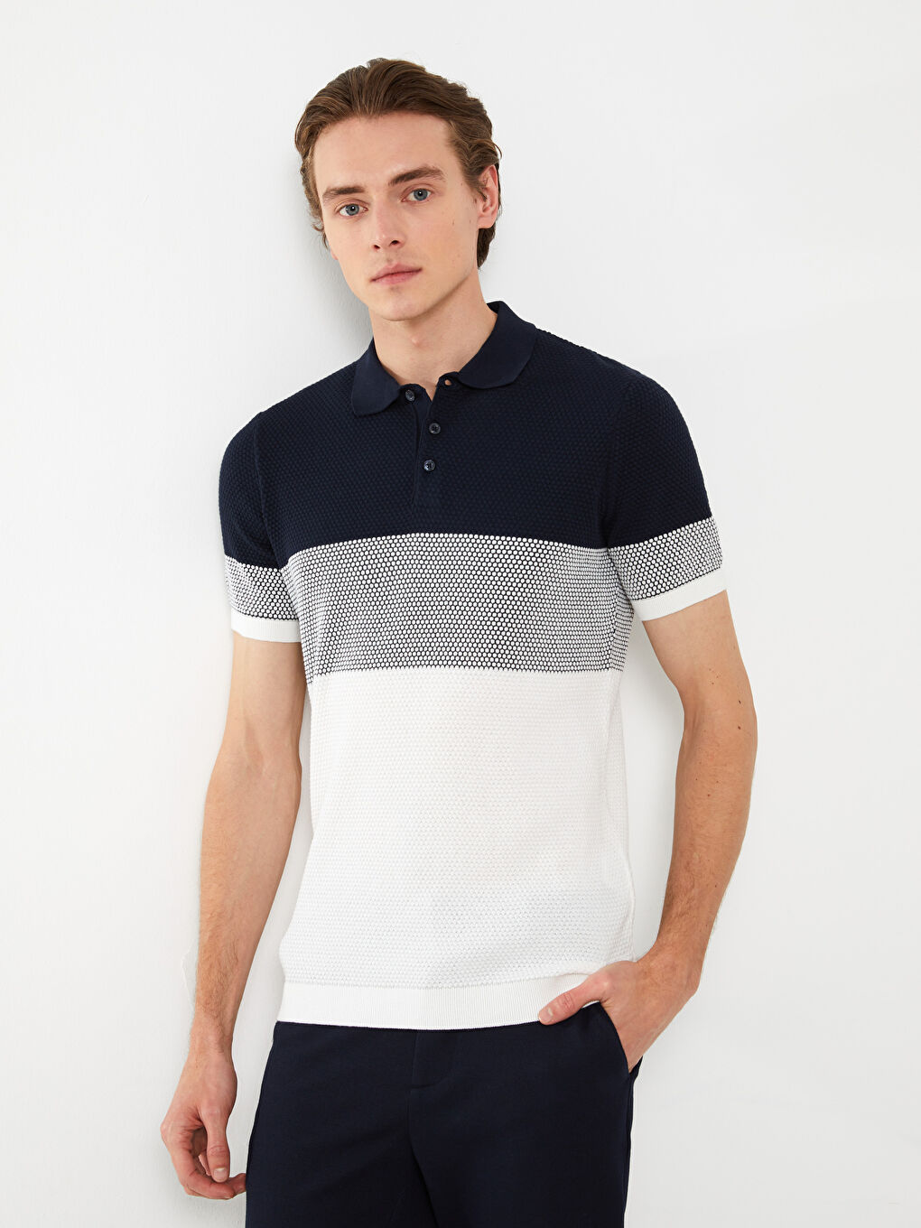 Pulover pentru Bărbați cu Guler Polo, Mânecă Scurtă, Bloc de Culoare-1