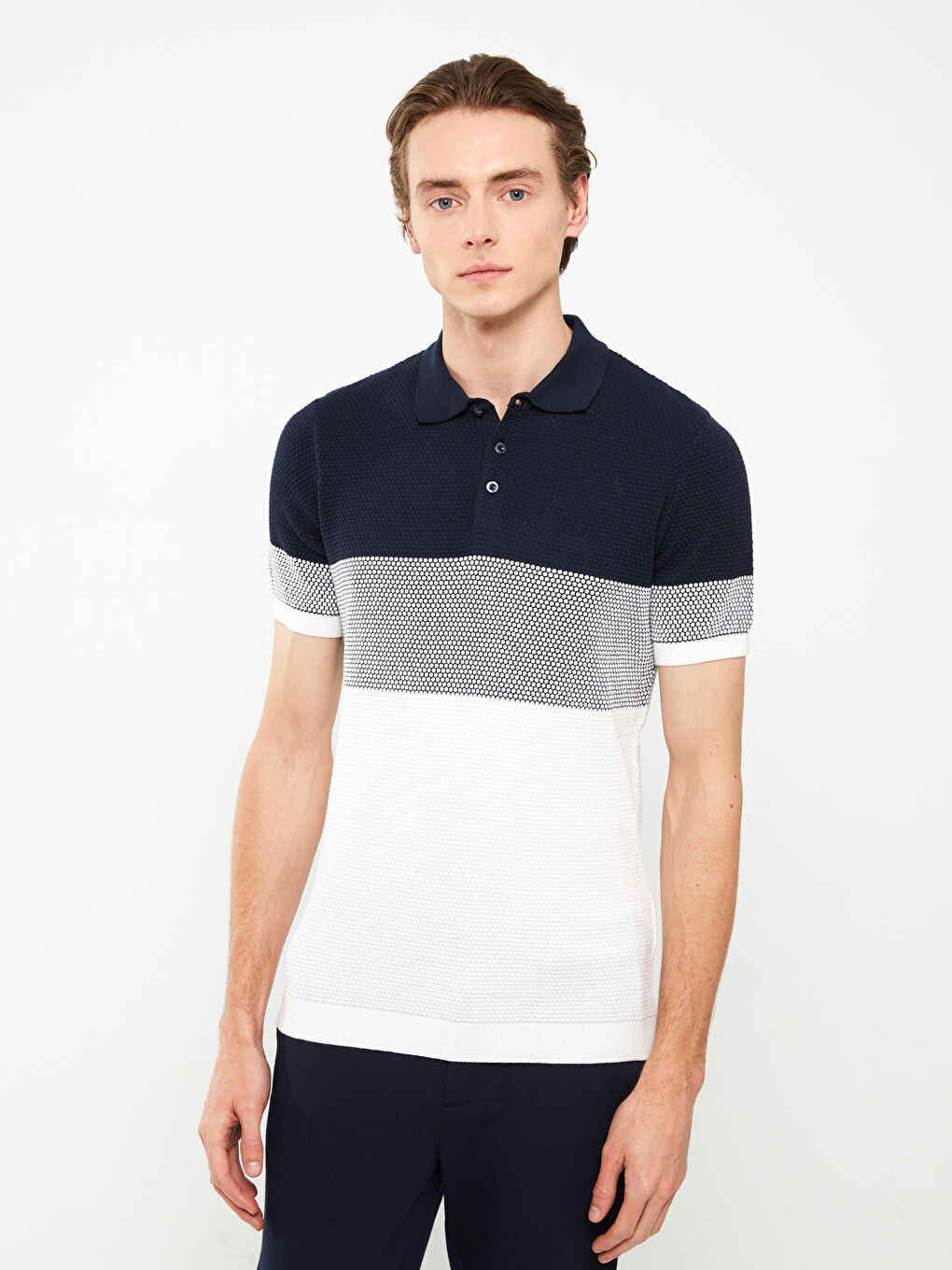 Pulover pentru Bărbați cu Guler Polo, Mânecă Scurtă, Bloc de Culoare-2