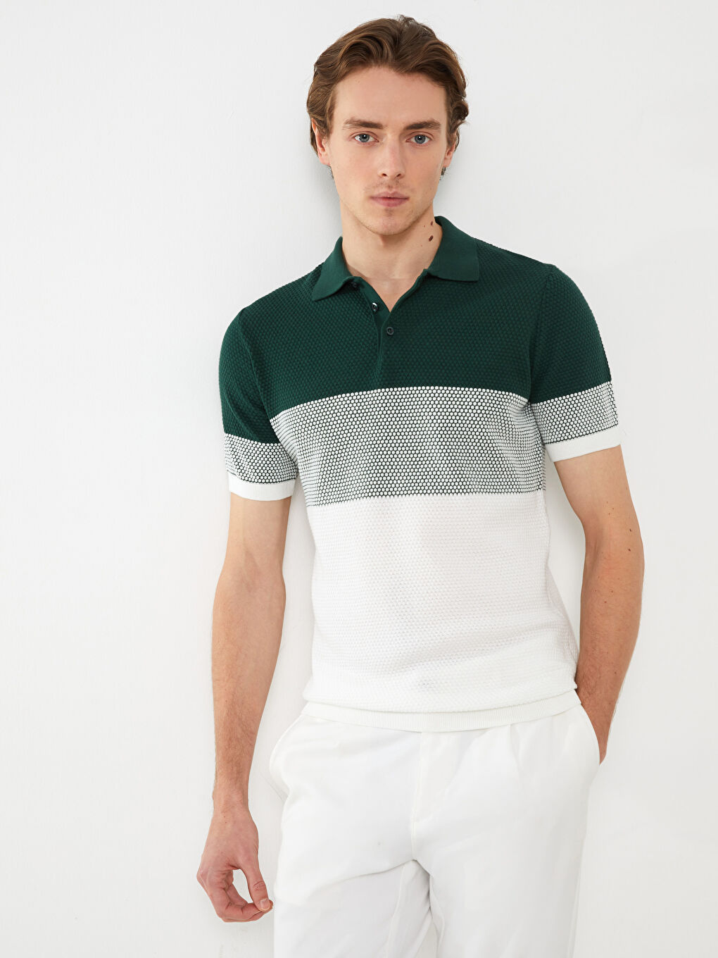 Pulover pentru Bărbați cu Guler Polo, Mânecă Scurtă, Bloc de Culoare