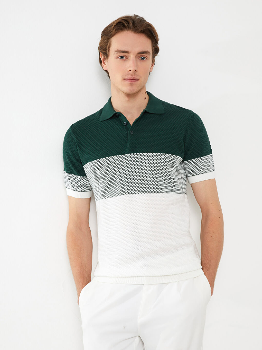 Pulover pentru Bărbați cu Guler Polo, Mânecă Scurtă, Bloc de Culoare-1