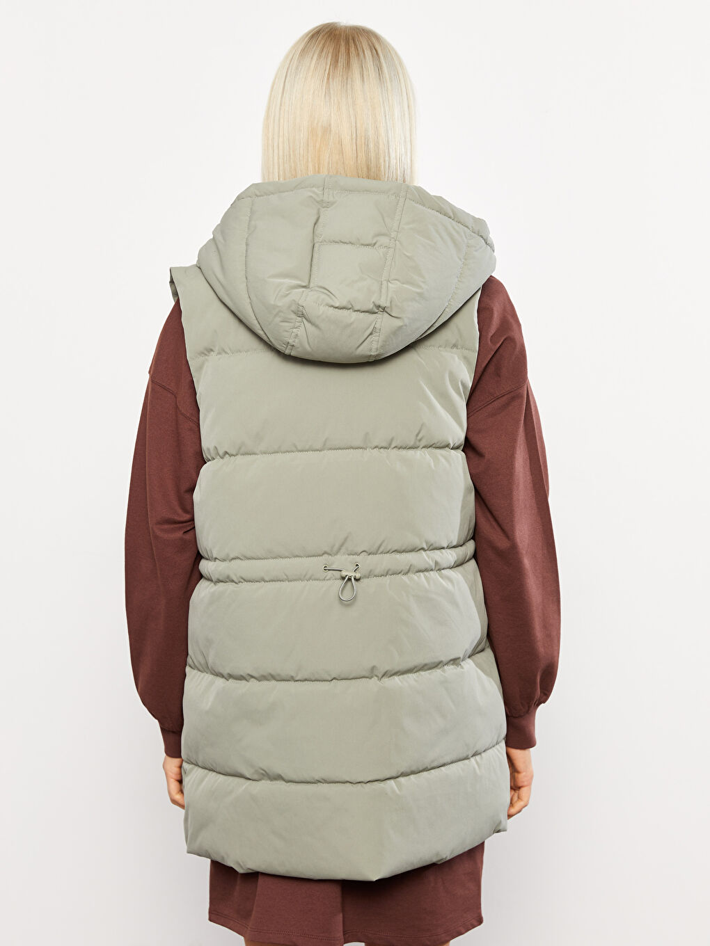 Yeşil Kadın Kapüşonlu Düz Şişme Yelek-5