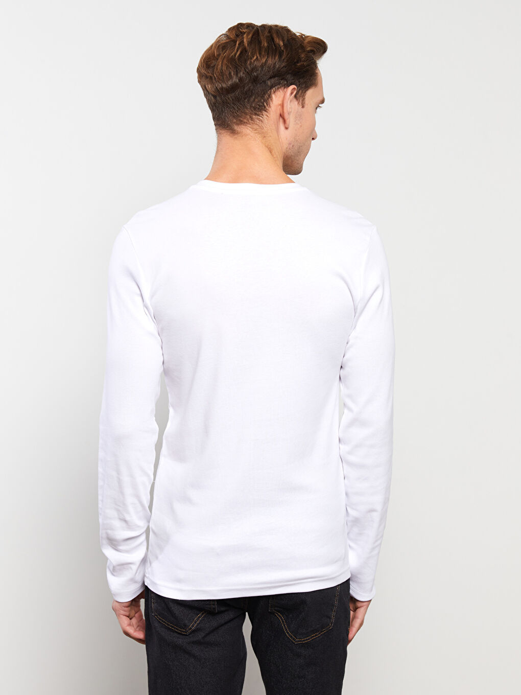 Beyaz V Yaka Uzun Kollu Penye Erkek Tişört-4