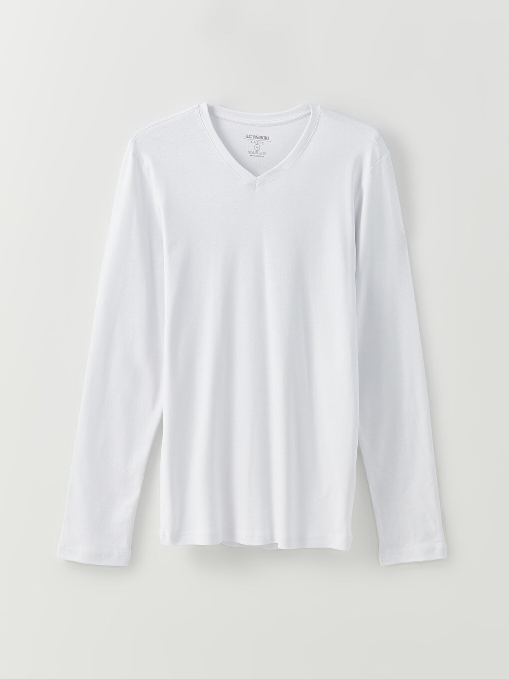 Beyaz V Yaka Uzun Kollu Penye Erkek Tişört-5