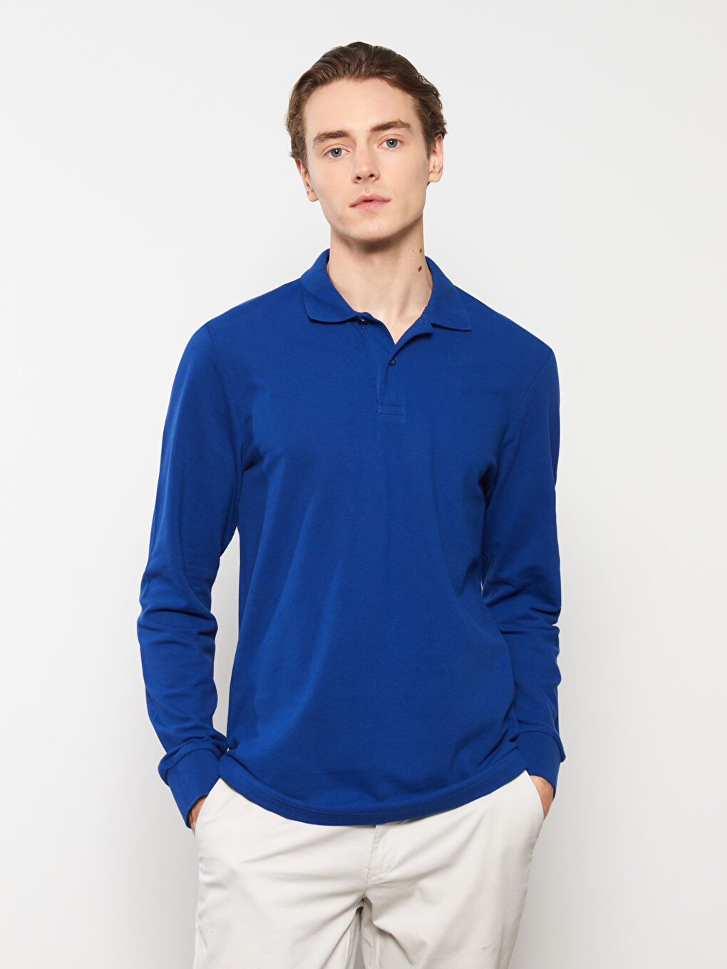 Lacivert Polo Yaka Uzun Kollu Pike Erkek Tişört-1