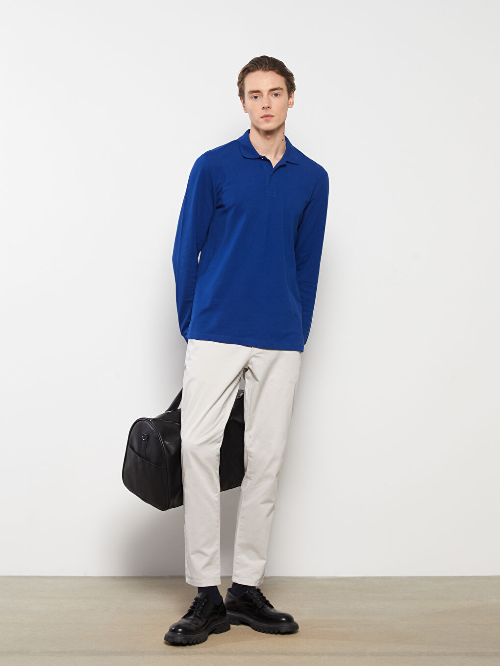 Lacivert Polo Yaka Uzun Kollu Pike Erkek Tişört-2