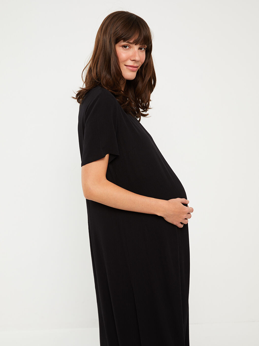 Crew Neck Plain Short Sleeve Maternity Dress-1