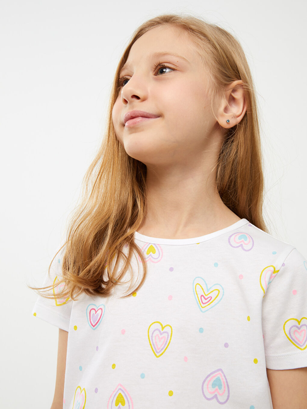 Beyaz Bisiklet Yaka Desenli Kısa Kollu Kız Çocuk Tişört-2