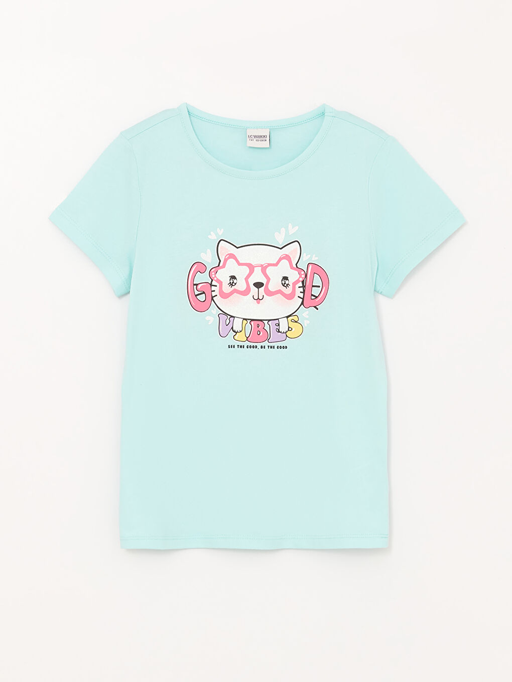 تيشيرت للبنات بياقة دائرية مطبوع كم قصير