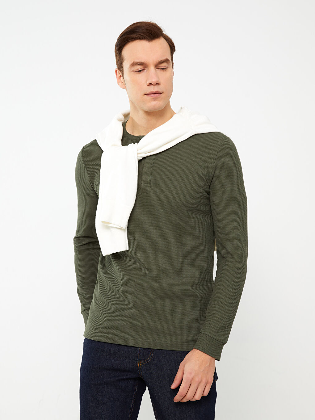 Haki Bisiklet Yaka Uzun Kollu Erkek Tişört-1