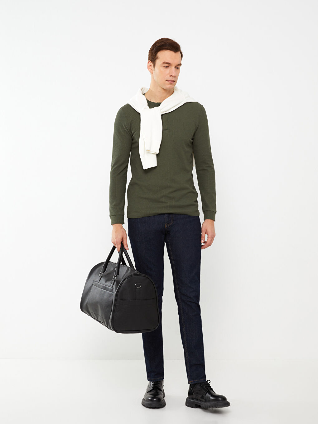 Haki Bisiklet Yaka Uzun Kollu Erkek Tişört-5