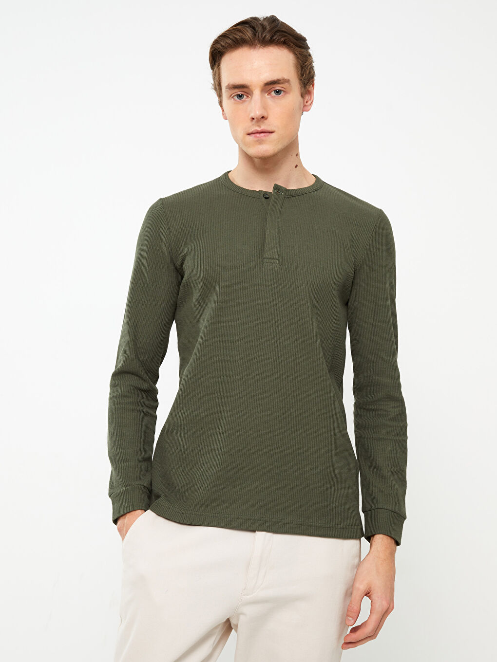 Haki Bisiklet Yaka Uzun Kollu Erkek Tişört