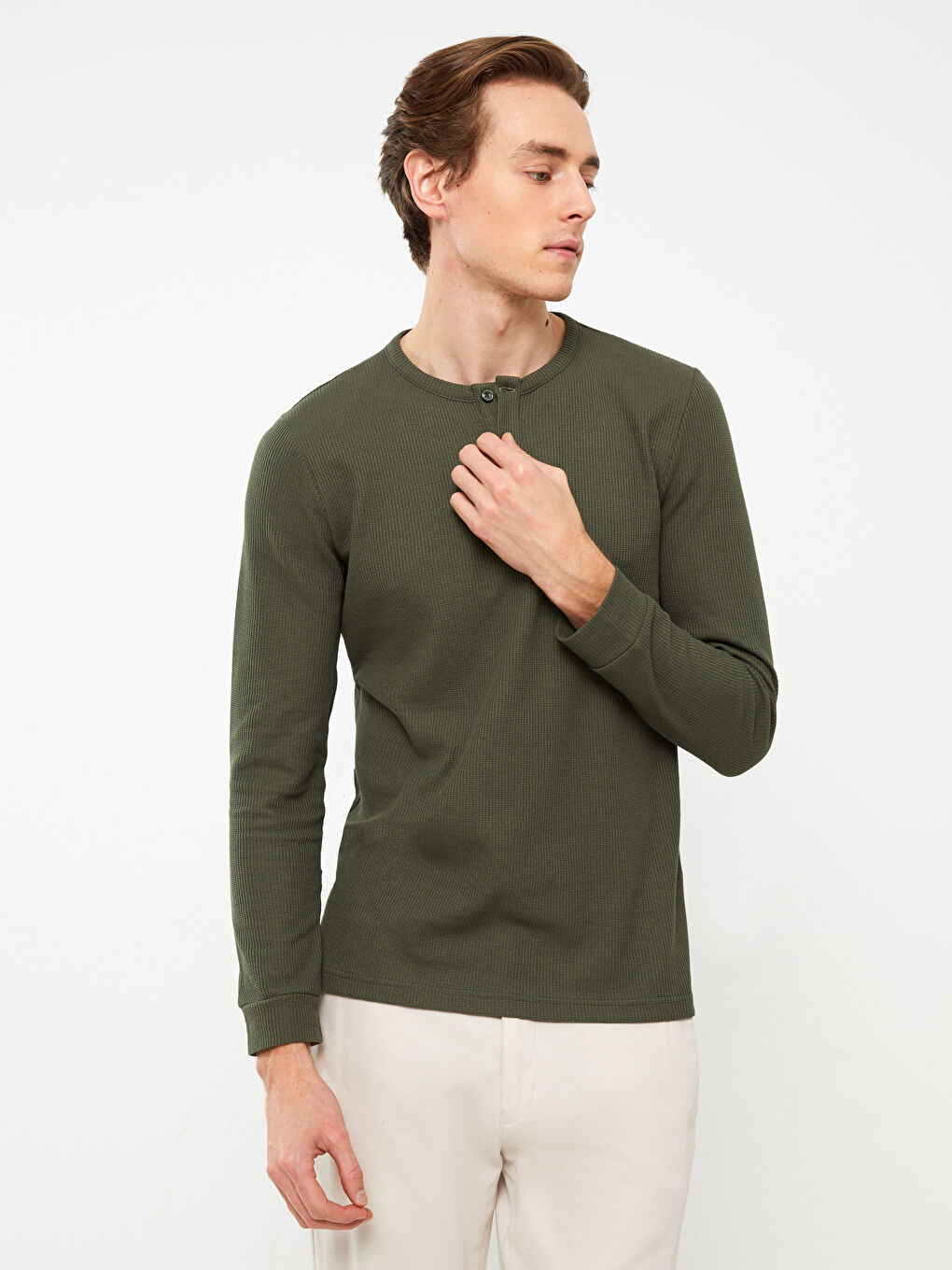 Haki Bisiklet Yaka Uzun Kollu Erkek Tişört-2