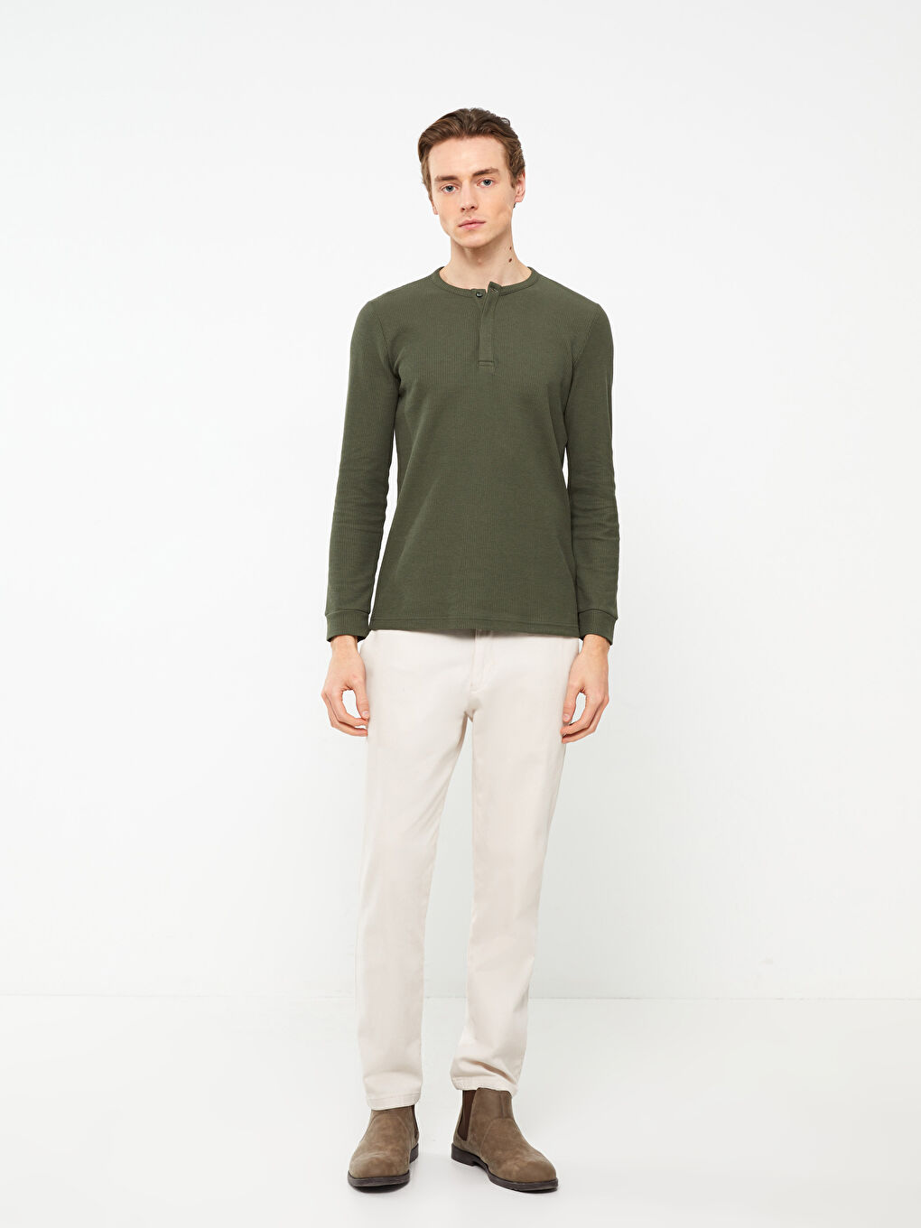 Haki Bisiklet Yaka Uzun Kollu Erkek Tişört-4