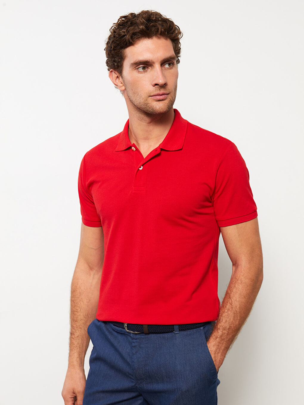Kırmızı Polo Yaka Kısa Kollu Pike Erkek Tişört-1
