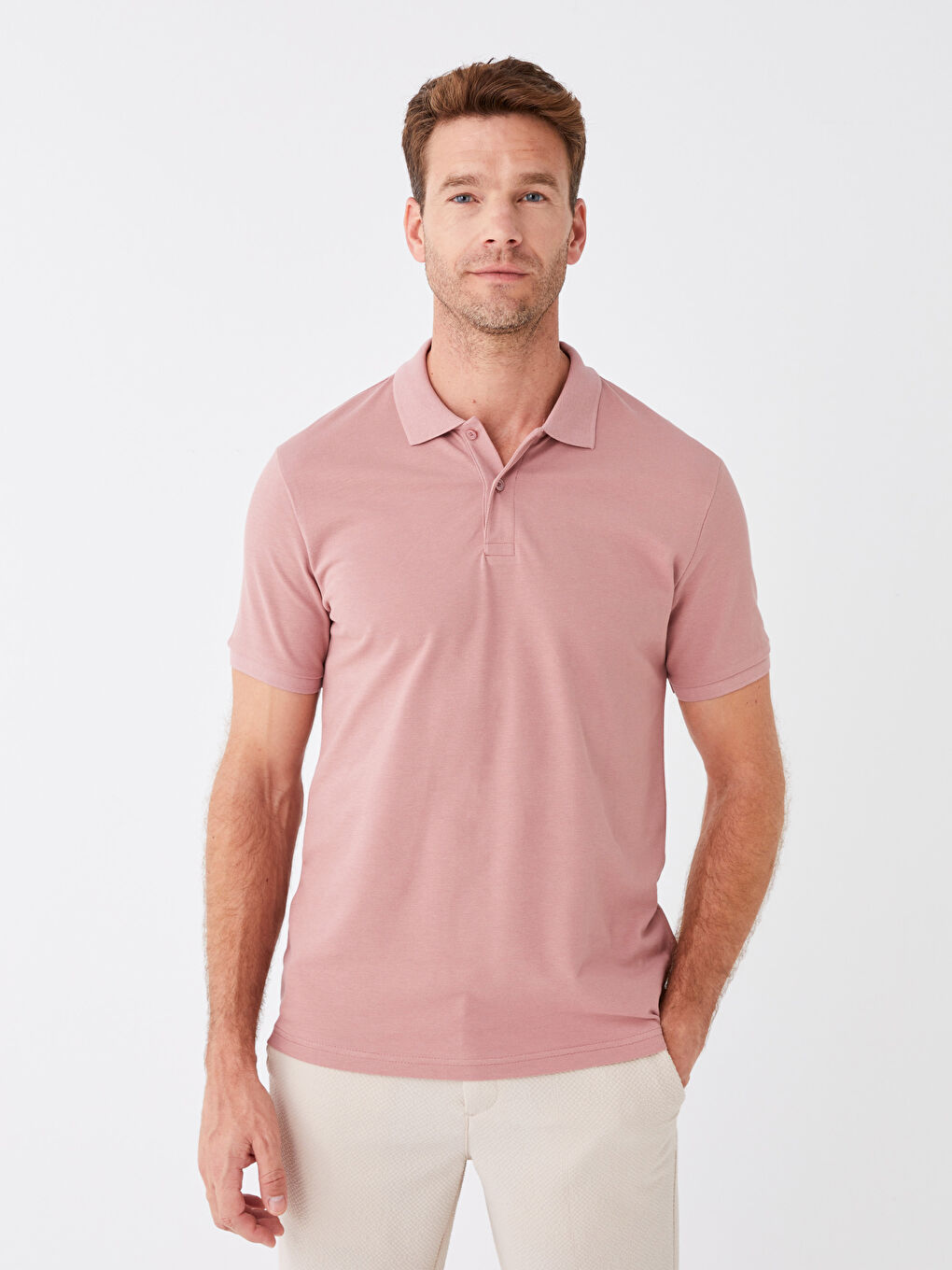 Pembe Polo Yaka Kısa Kollu Pike Erkek Tişört-1