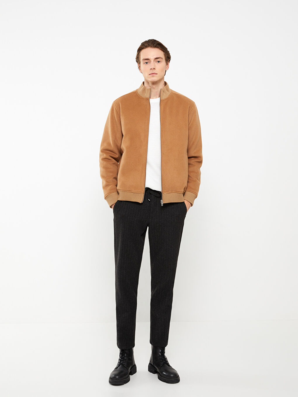 Kahverengi Slim Fit Dik Yaka Erkek Mont-1