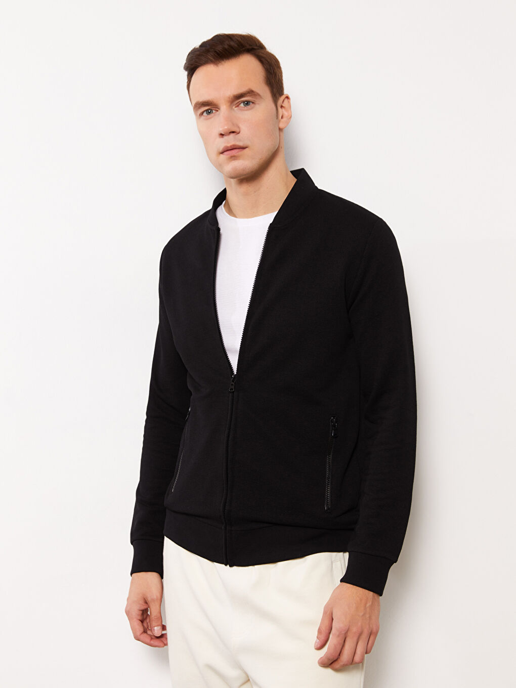 College Collar Long Sleeve Men's Zip-Up Sweatshirt