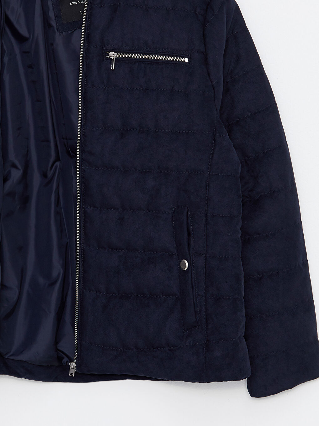 Ерлерге арналған тар пішімдегі биік жағалы замша куртка-7