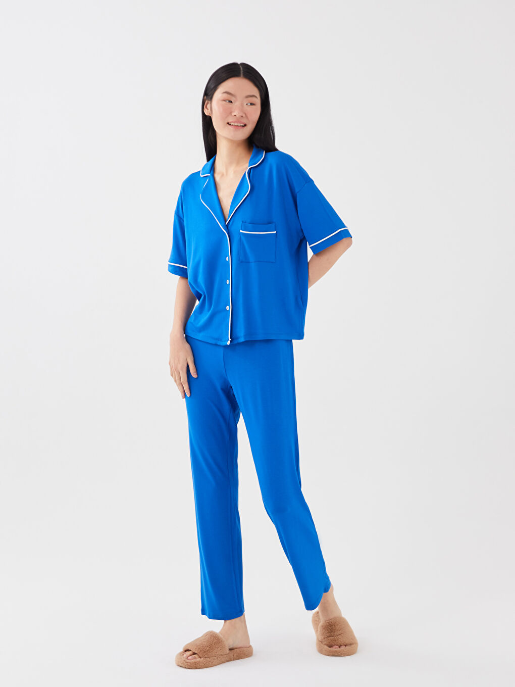 Collared Neck Plain Short Sleeve Women's Pyjama Set-1