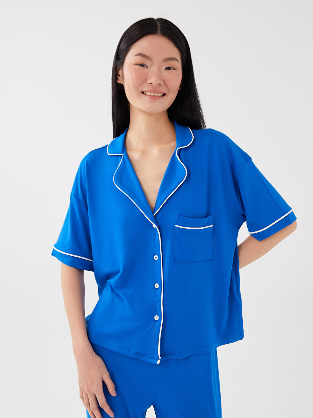Collared Neck Plain Short Sleeve Women's Pyjama Set-2