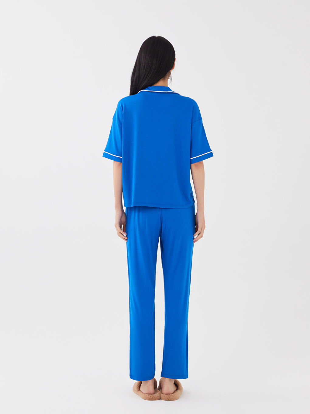 Collared Neck Plain Short Sleeve Women's Pyjama Set-4