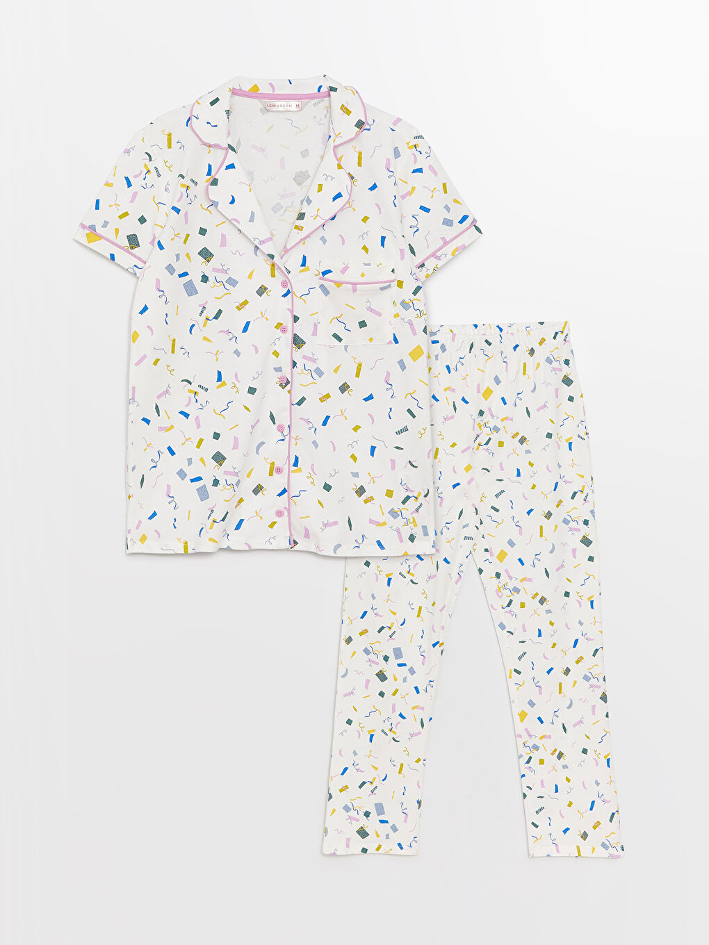 طقم بيجامة ياقة القميص منقوش كم قصير للسيدات-5