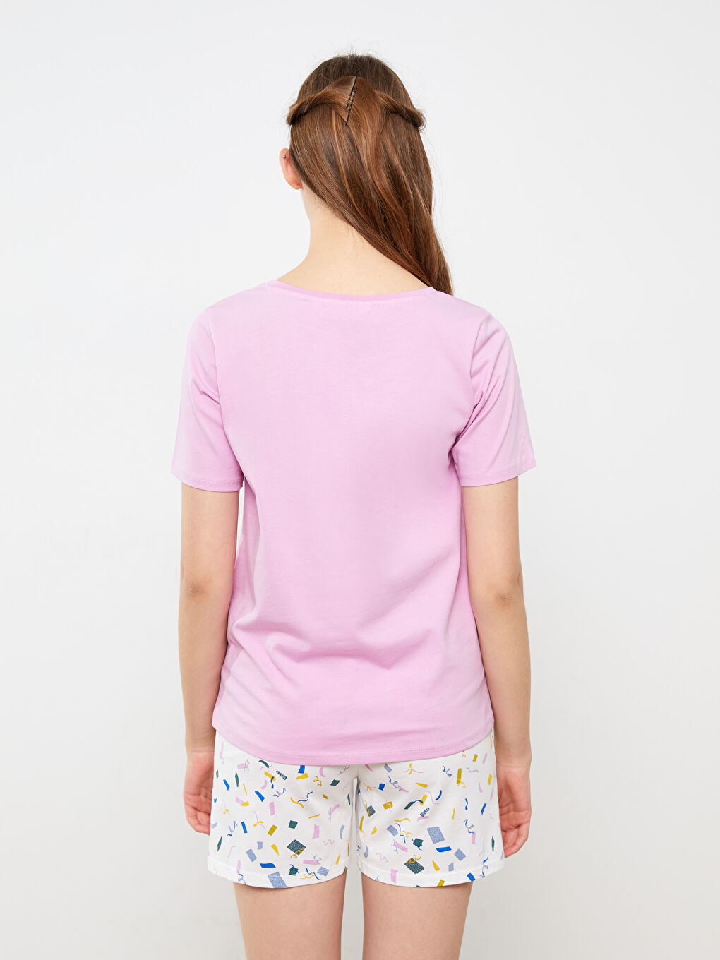 Ekru Bisiklet Yaka Baskılı Kısa Kollu Kadın Şortlu Pijama Takımı-4