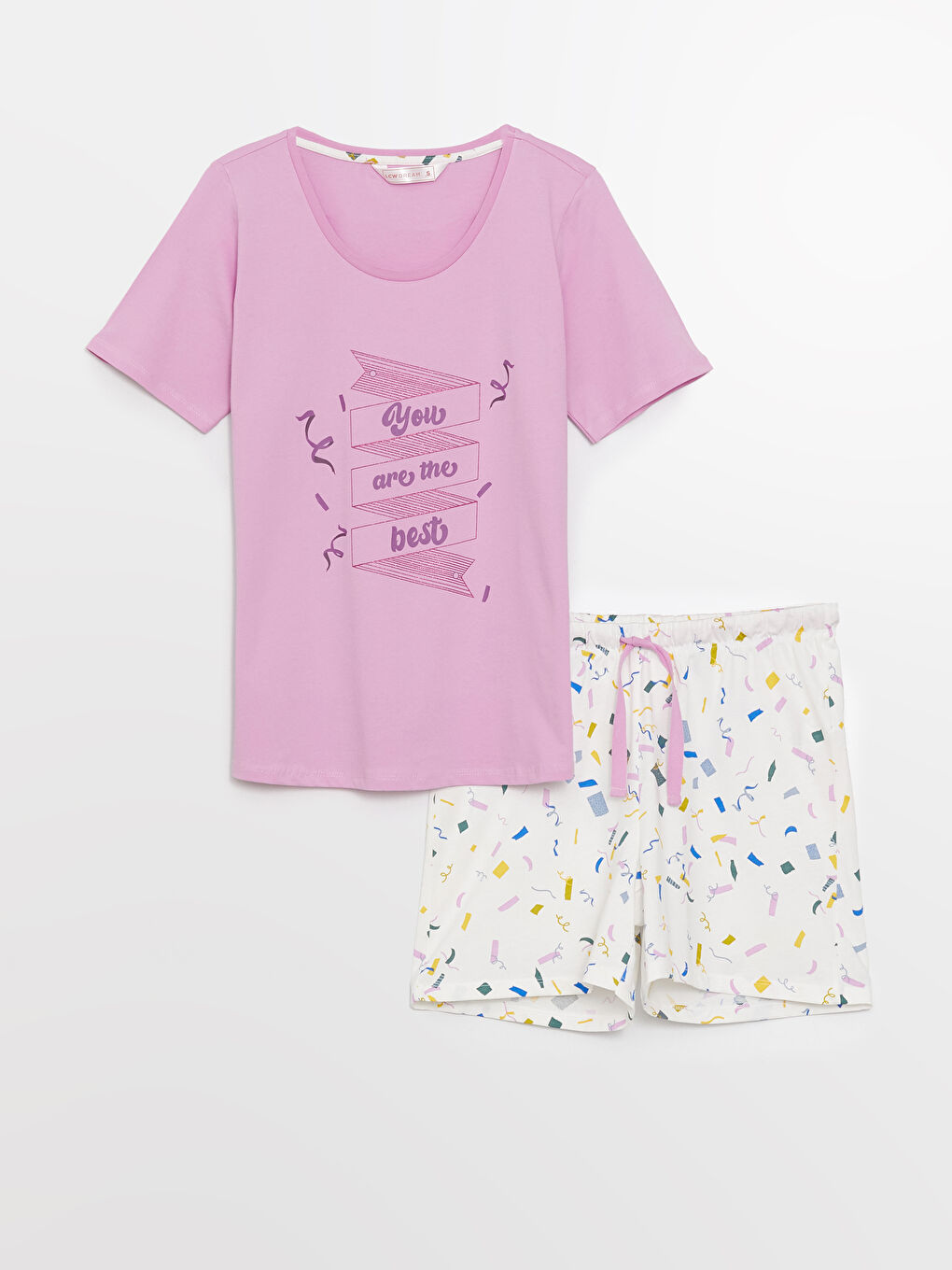 Ekru Bisiklet Yaka Baskılı Kısa Kollu Kadın Şortlu Pijama Takımı-5