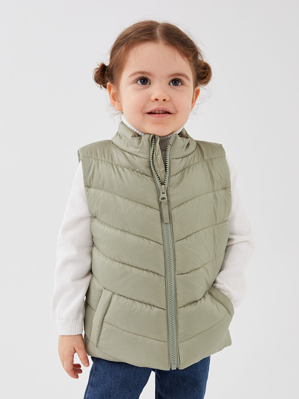 Stand-up Collar Basic Baby Girl Zipper Vest-2