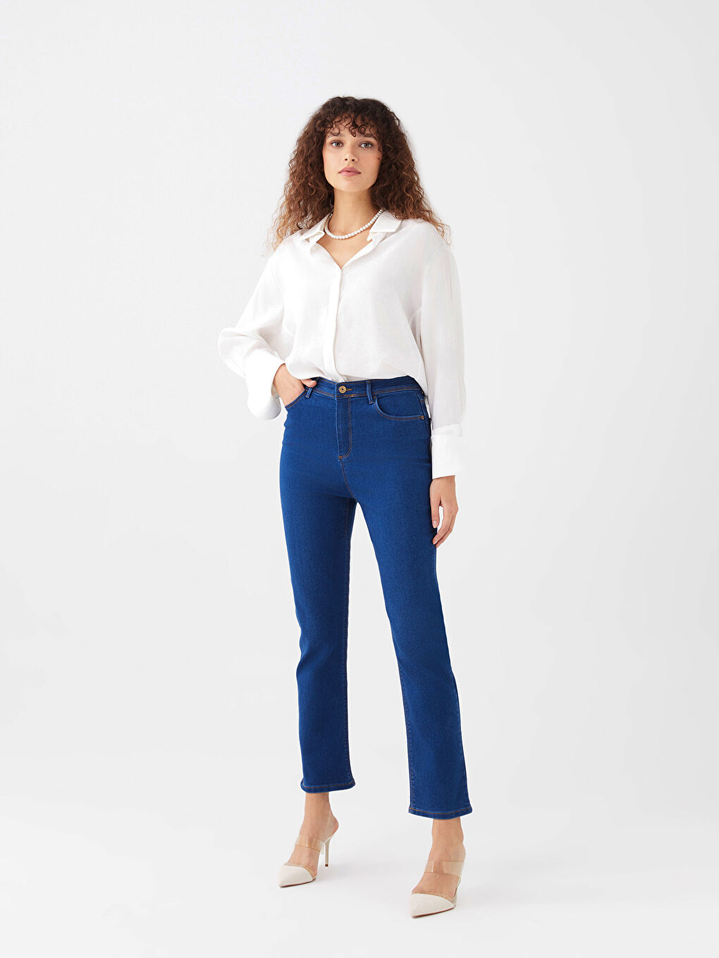 Women's High Waisted Slim Fit Regular Denim Trousers -S31256Z8-H45