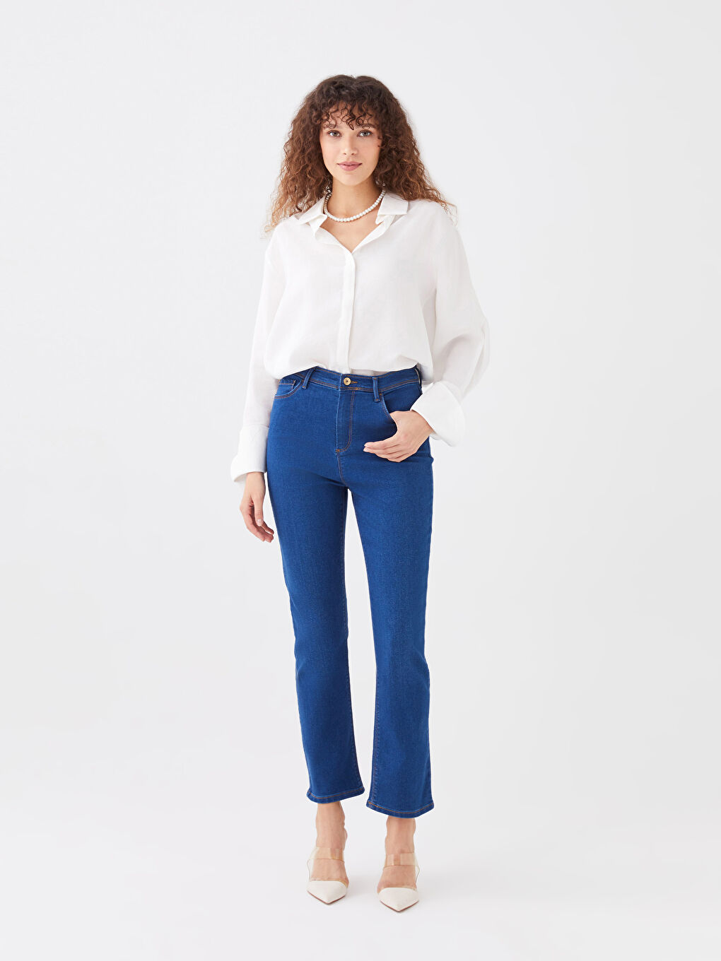 Women's High Waisted Slim Fit Regular Denim Trousers -S31256Z8-H45