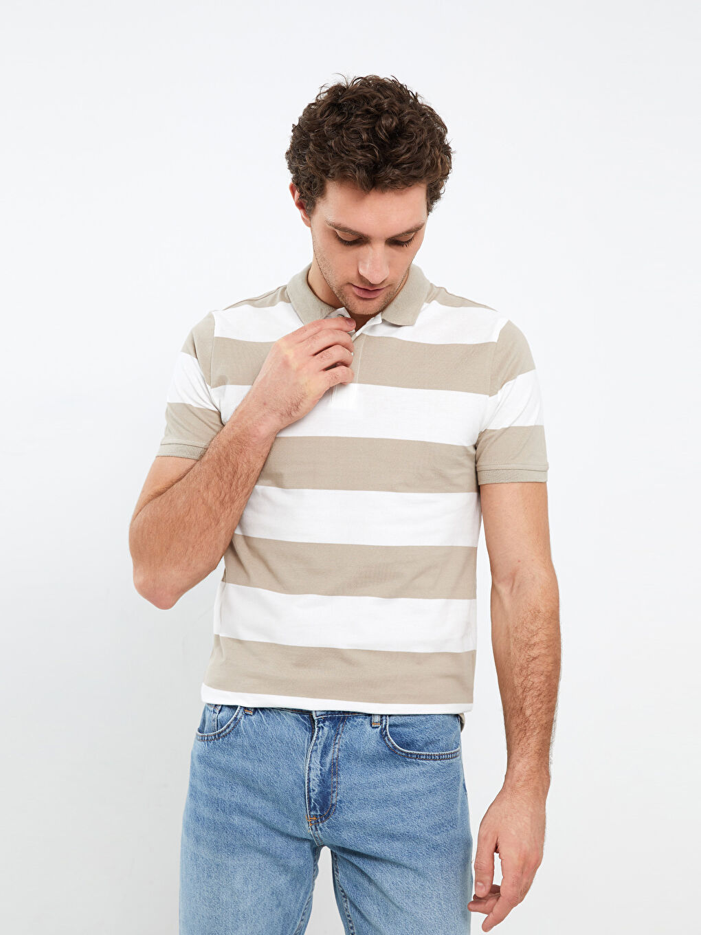 Tricou Polo Guler Înalt Mânecă Scurtă Vărgat Pique pentru Bărbați