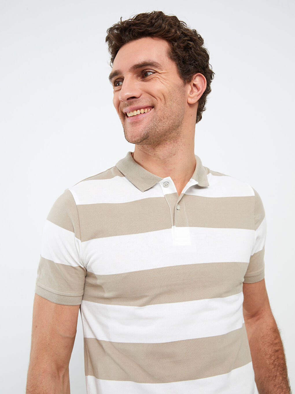 Tricou Polo Guler Înalt Mânecă Scurtă Vărgat Pique pentru Bărbați-1