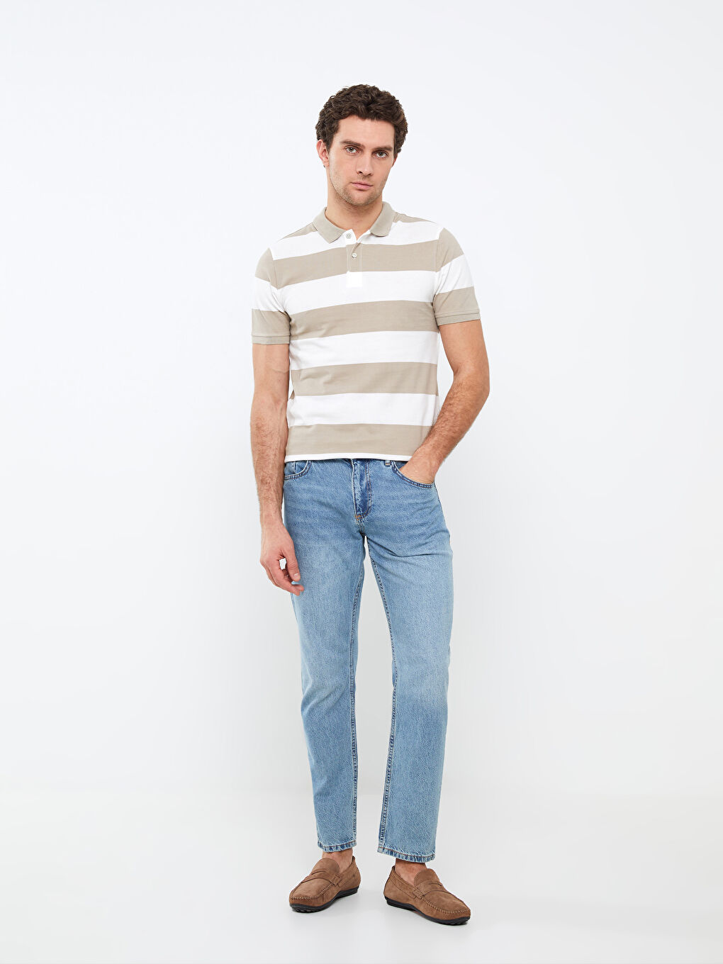 Tricou Polo Guler Înalt Mânecă Scurtă Vărgat Pique pentru Bărbați-2