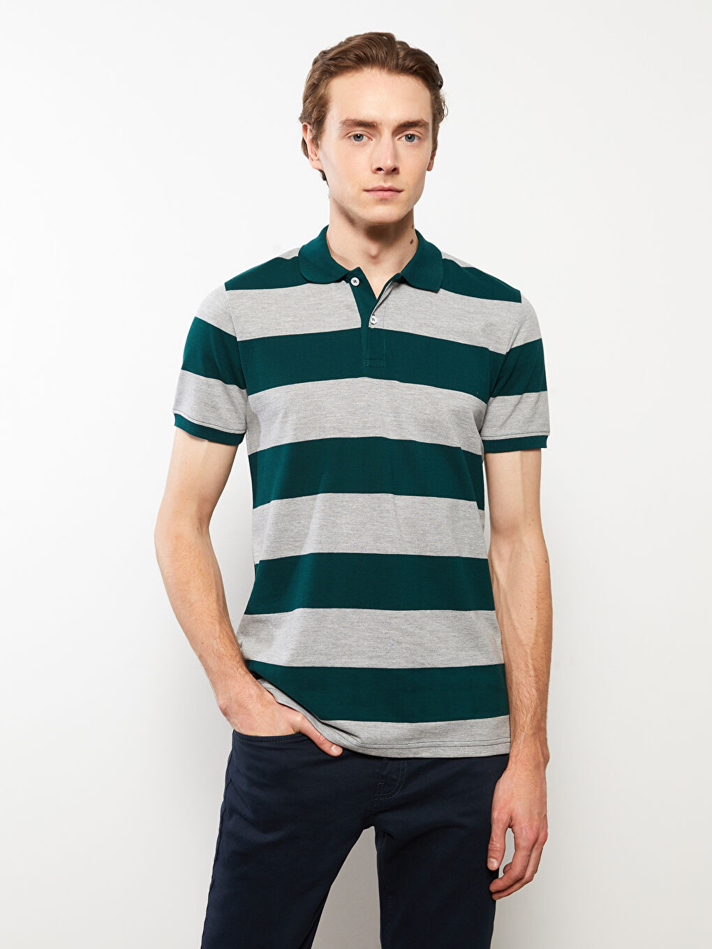 Polo Neck Short Sleeve Striped Pique Men's T-Shirt-1